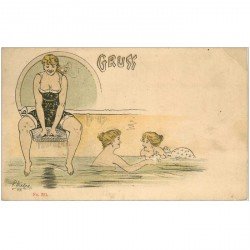 Illustrateur Allemagne Gruss de Baigneuse Sauna Piscine Bains par Liebze