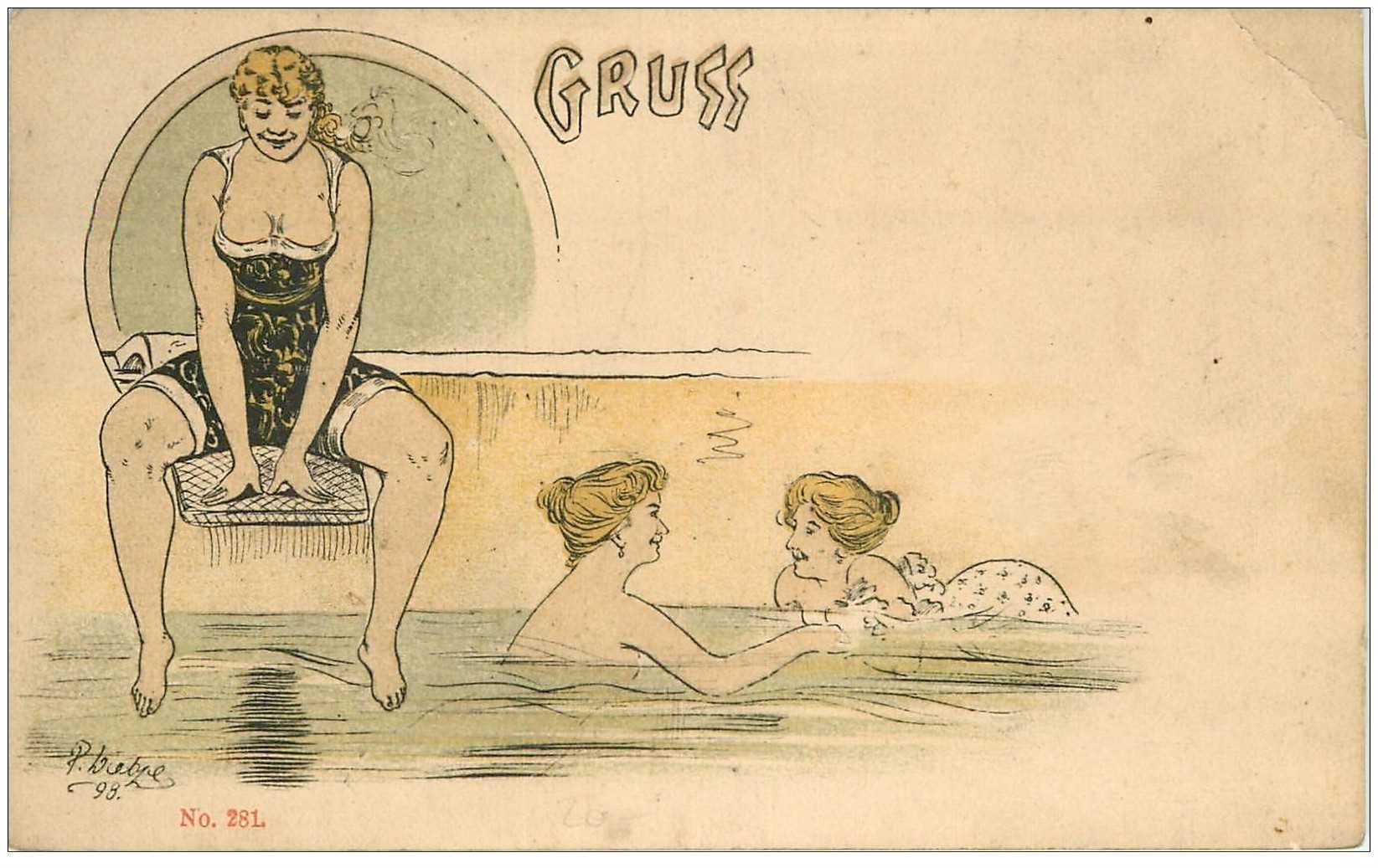 Illustrateur Allemagne Gruss de Baigneuse Sauna Piscine Bains par Liebze