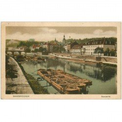 carte postale ancienne SAARBRÜCKEN. Saarpartie avec Péniches 1919