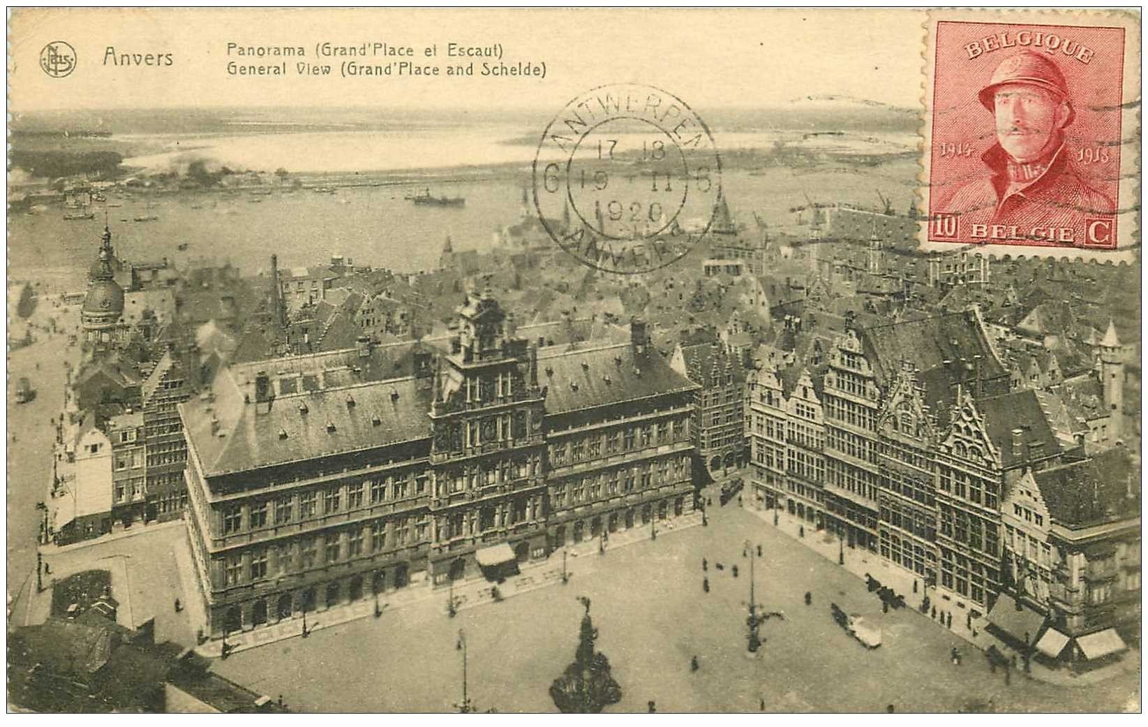 carte postale ancienne ANVERS. Grand Place et Escaut 1920 beau timbre et bord gauche dentelé