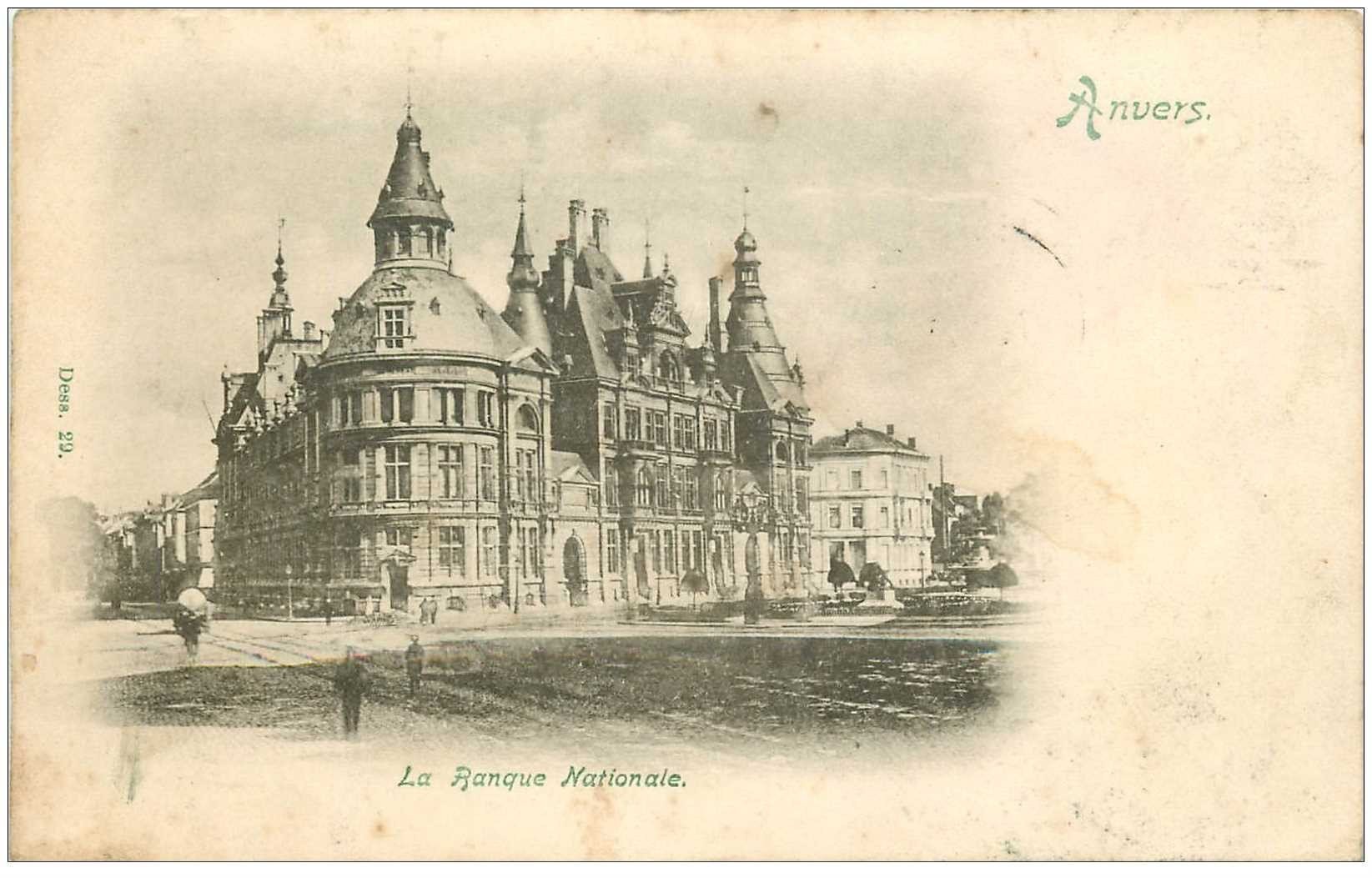 carte postale ancienne ANVERS. La Banque Nationale 1900 timbre manquant