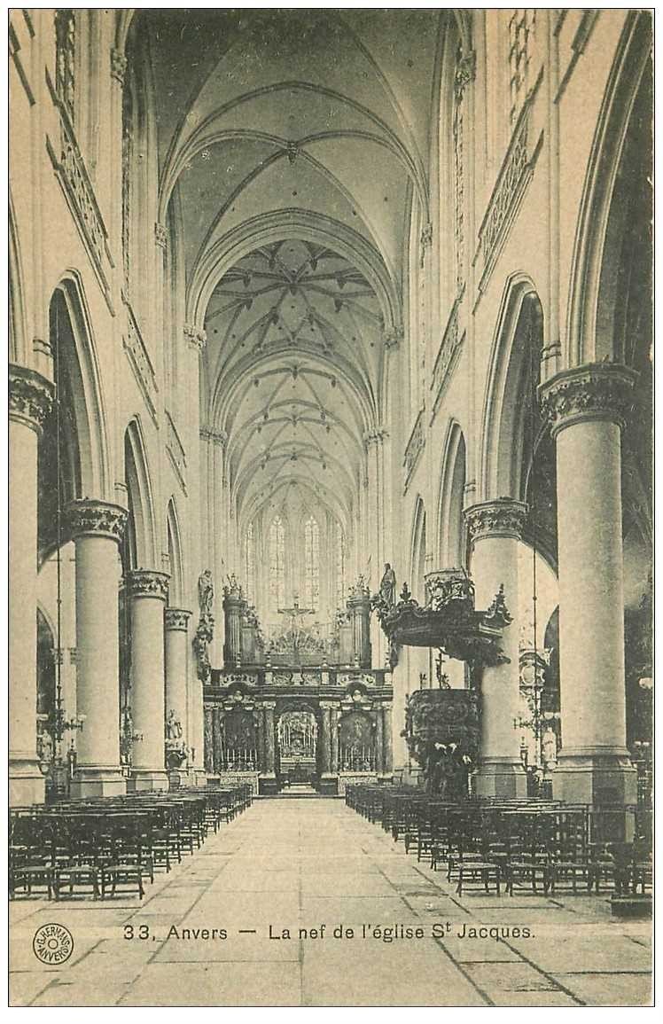 carte postale ancienne ANVERS. Nef avec ses Orgues Eglise Saint Jacques