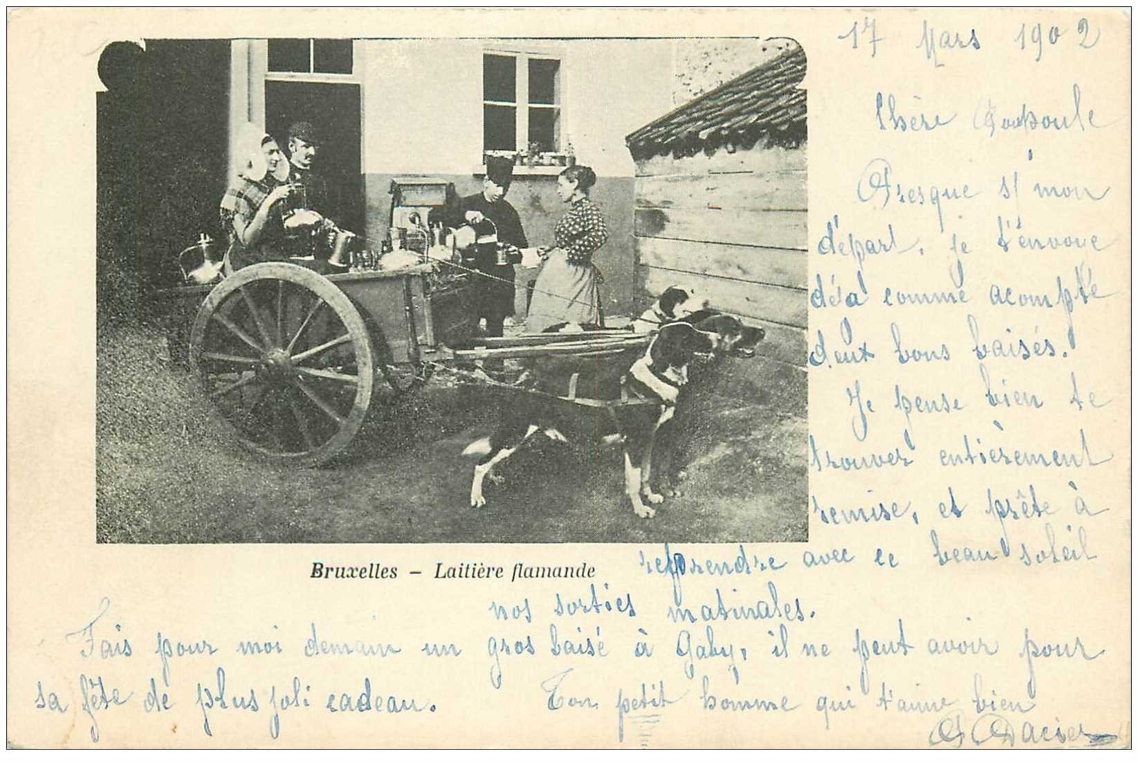 carte postale ancienne Belgique. BRUXELLES attelage de Chiens et Laitière Flamande 1902