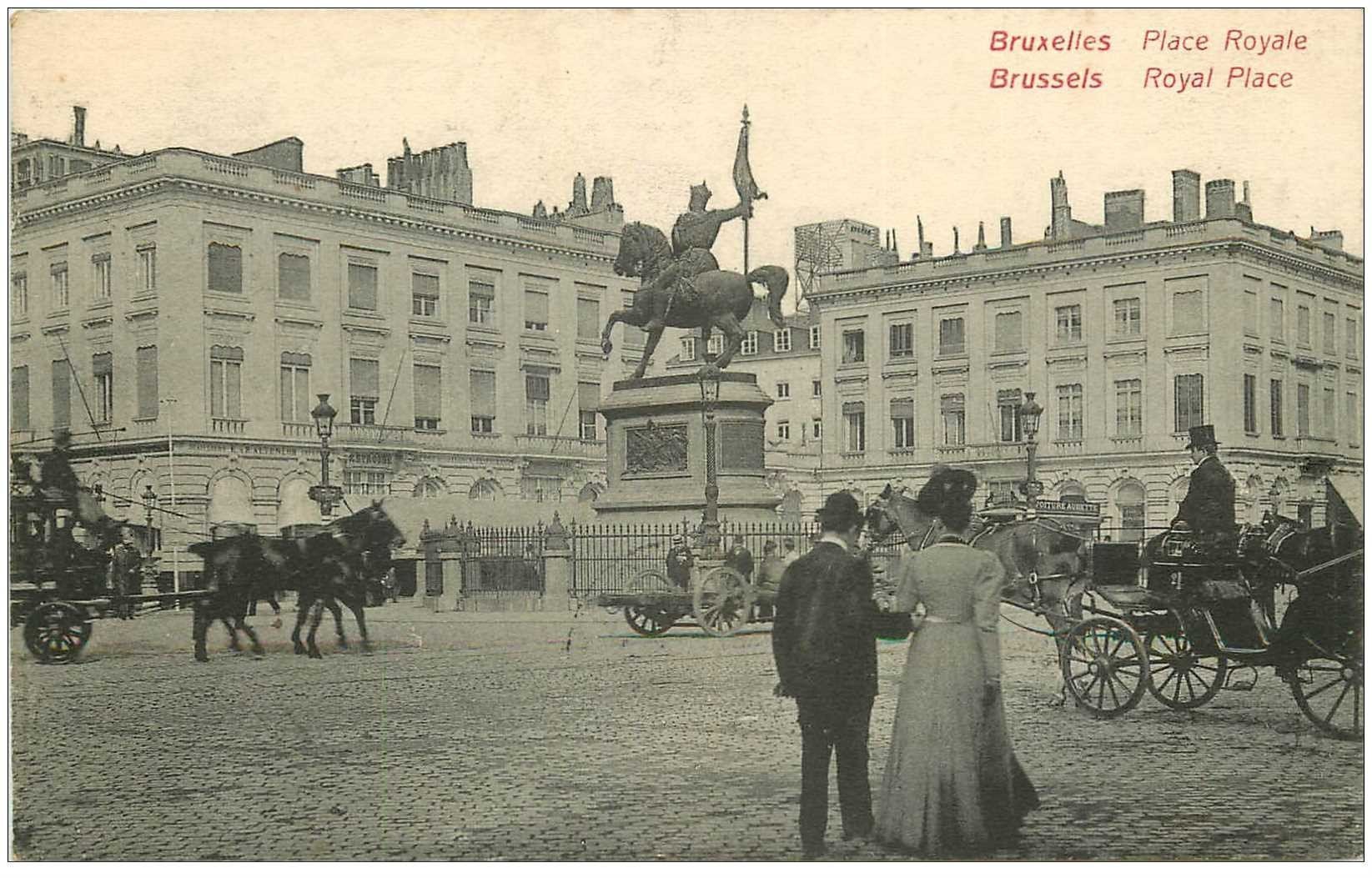 carte postale ancienne Belgique. BRUXELLES BRUSSELS. Place Royal avec Fiacres 1910