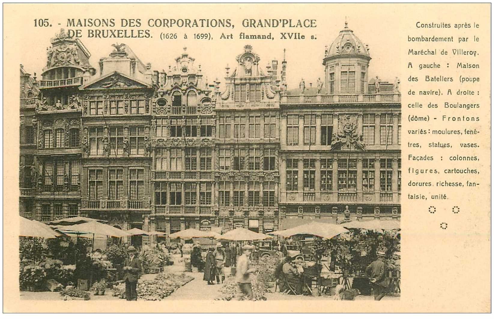 carte postale ancienne Belgique. BRUXELLES Grand Place le Marché aux Fleurs