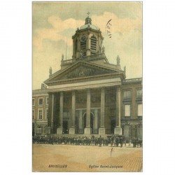carte postale ancienne BRUXELLES. Fiacres Eglise Saint Jacques. Carte toilée timbre manquant