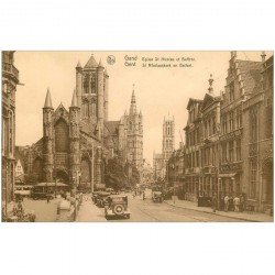 carte postale ancienne GAND GENT. Eglise Saint Nicolas et Beffroi voitures anciennes face au Café