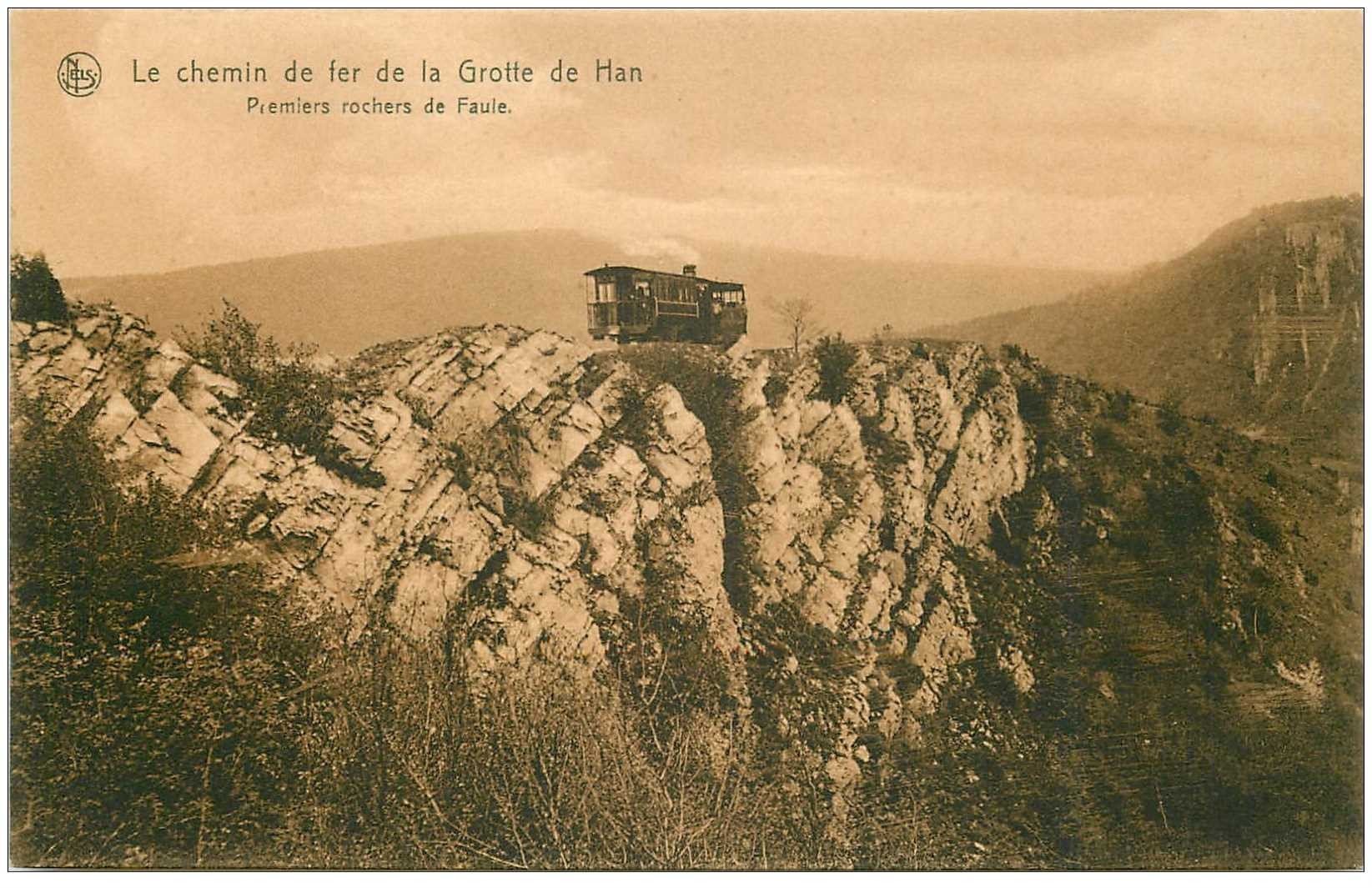 carte postale ancienne GROTTES DE HAN. Train sur Chemin de Fer aux Premiers Rochers de Faule