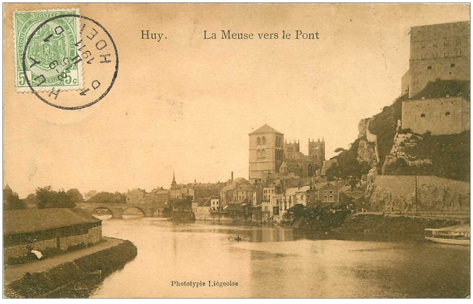 carte postale ancienne HUY. La Meuse vers le Pont 1911