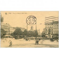 carte postale ancienne LIEGE. Place du Thétre Statue Grétry 1919 Tramway