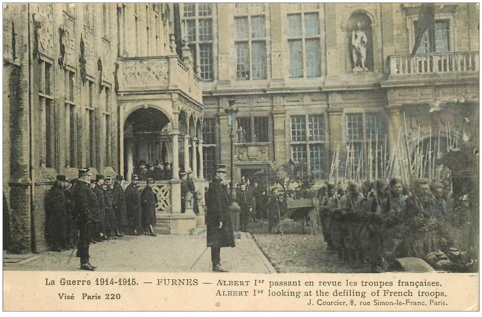 carte postale ancienne VEURNE FURNES. Roi Albert Ier passant en revue Troupes Françaises 1916
