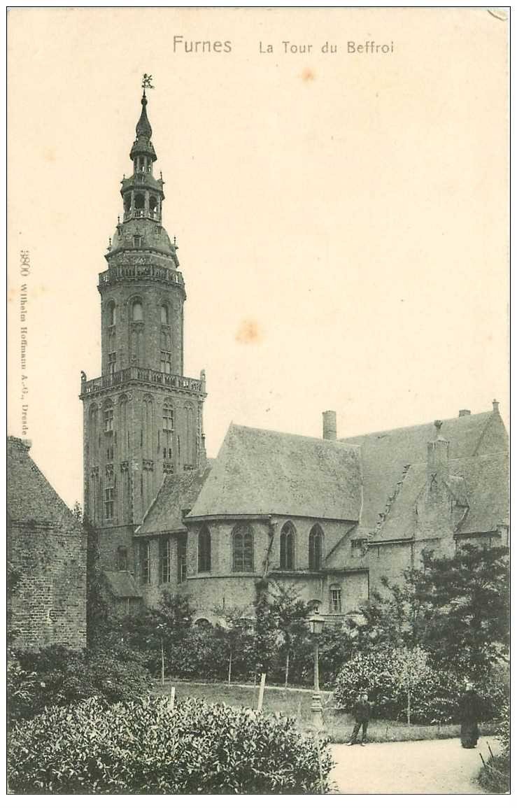 carte postale ancienne VEURNE FURNES. Tour du Beffroi vers 1900 animation