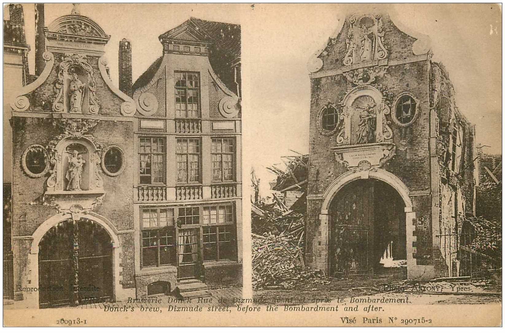 carte postale ancienne YPRES IEPER. Brasserie Donck Rue Dixmude avant et après Bombardement