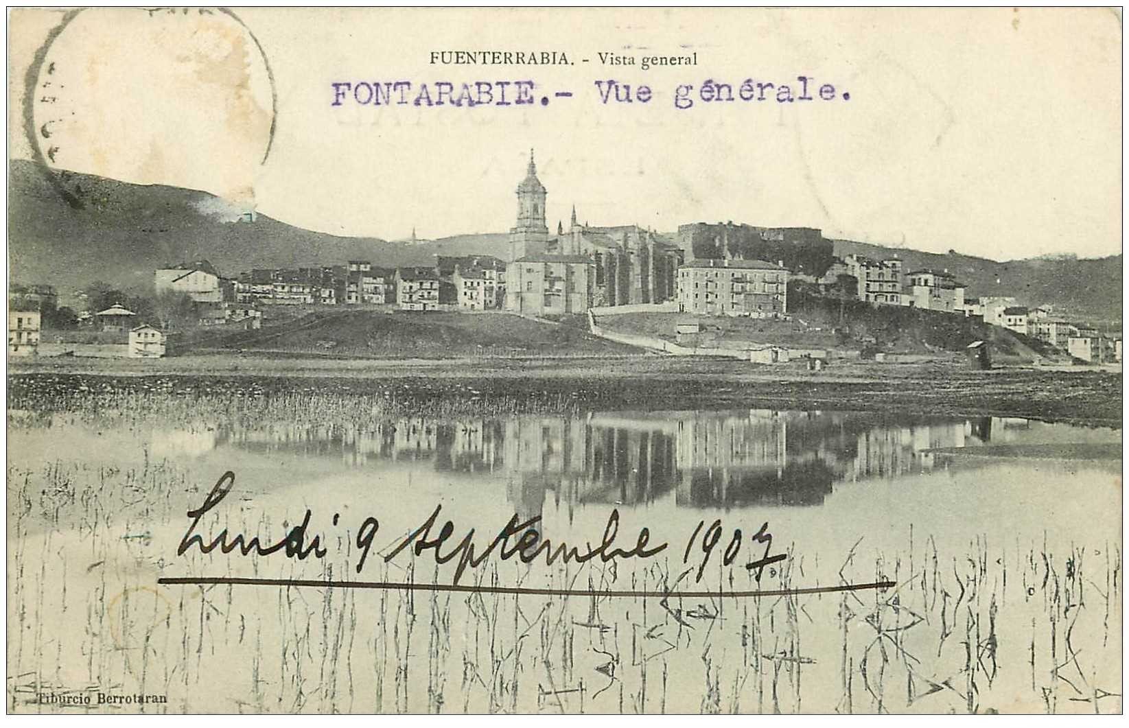 carte postale ancienne Espagne. FUENTERRABIA. Vista general 1907. Timbre taxe au verso