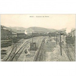 carte postale ancienne ESPAGNE. Irun. Estacion del Norte. Trains et locomotive à vapeur dans la Gare