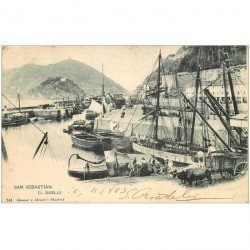 carte postale ancienne Espagne. SAN SEBASTIAN. El Muelle 1903. Attelage Boeufs et bateaux de Pêche dans le Port