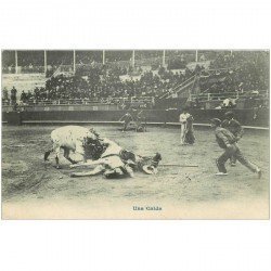 carte postale ancienne Espagne. SAN SEBASTIAN. Una Caida Corrida Toro 1908