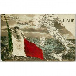 carte postale ancienne Italia Italie. LA SPEZIA. Carte et Drapeau italiens 1915