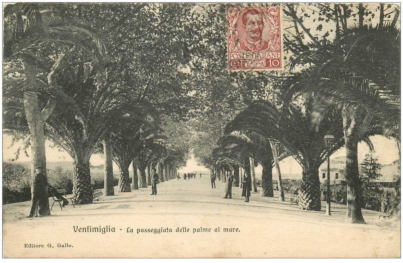 carte postale ancienne ITALIA. Ventimiglia. La passeggiata delle palme al mare 1907