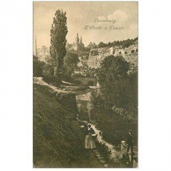 carte postale ancienne Luxembourg. L'Alzette à Clausen animation