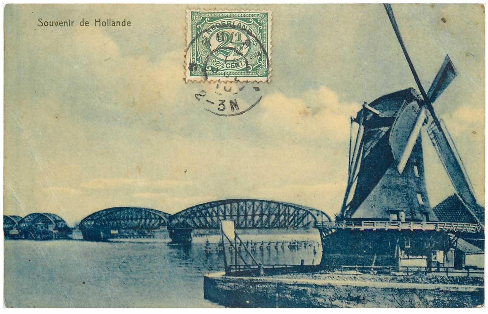 PAYS-BAS HOLLANDE. Moulin à vent et Pont métallique 1910