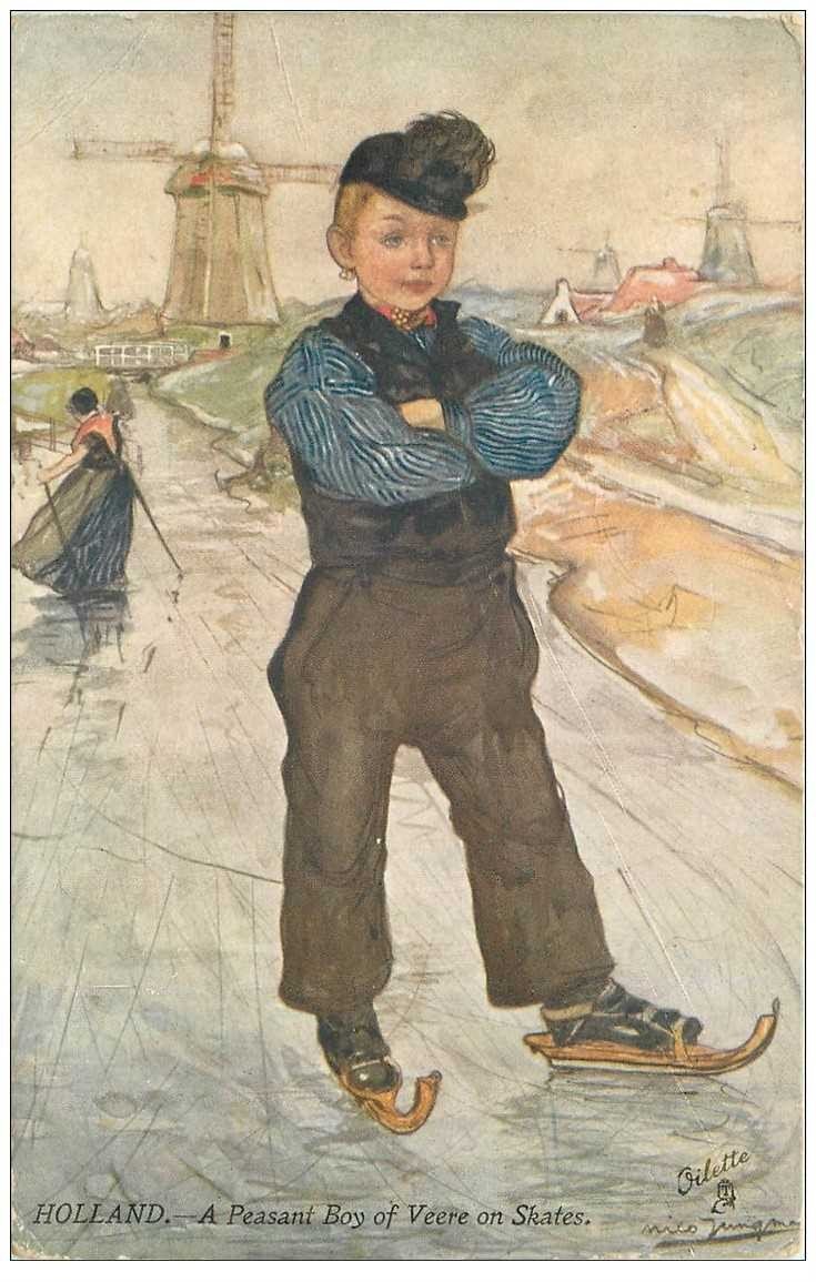 carte postale ancienne PAYS BAS. Holland. A Peasant Boy of Veere on Skates 1907 Patineur sur Glace et Moulin à vent par Oilette