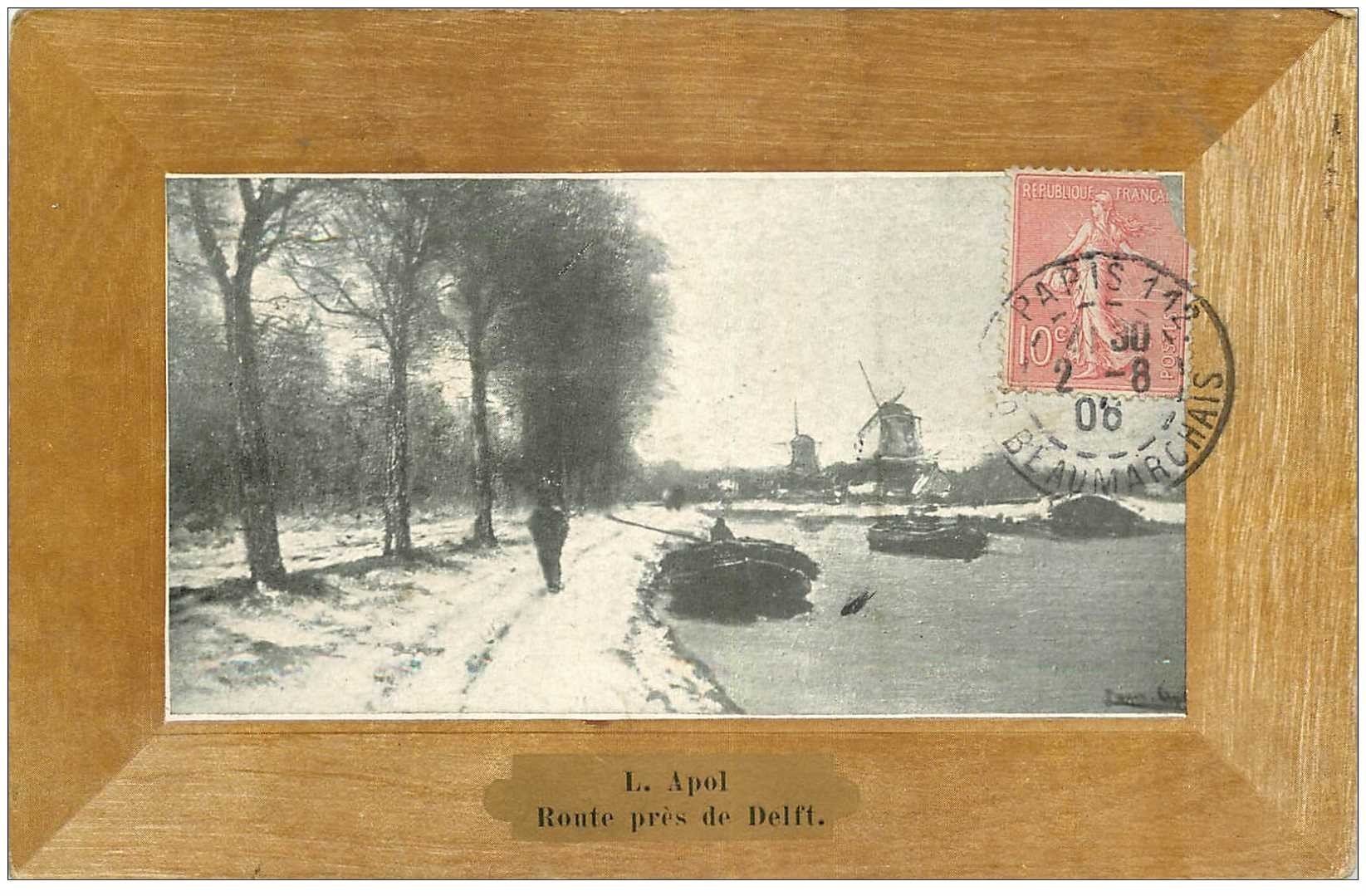 carte postale ancienne PAYS BAS. Route près de Delft par Apol 1908 Moulins et Péniches