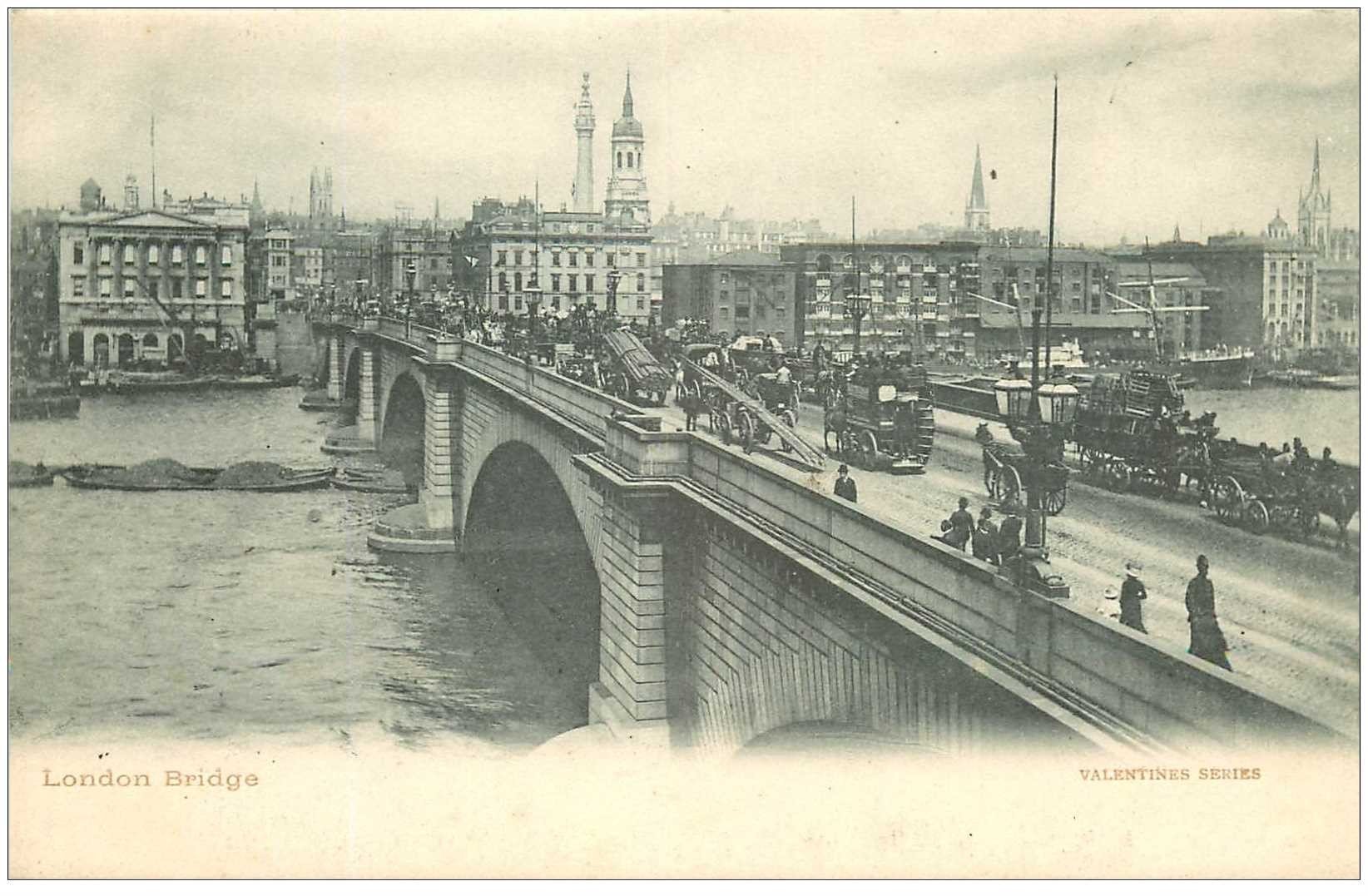 carte postale ancienne LONDON. The Bridge attelages et bus à impériale