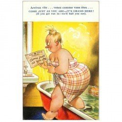 carte postale ancienne ROYAUME UNI. Fantaisie Comique. Come juste as You are its grand here ! Arrivez vite femme en baignoire
