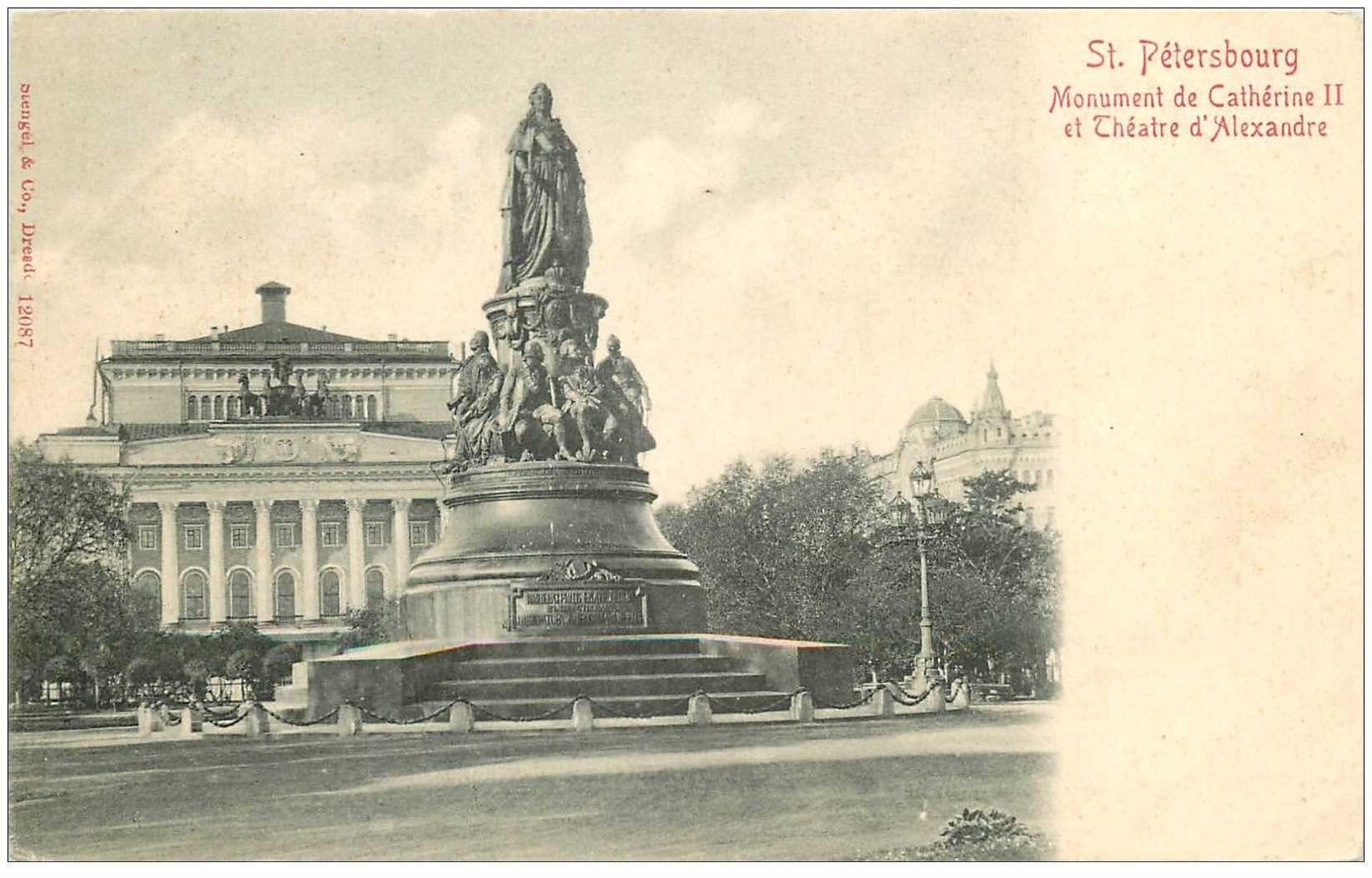 carte postale ancienne RUSSIE. Saint Pétersbourg. Thétre Alexandre et Monument Catherine II vers 1900
