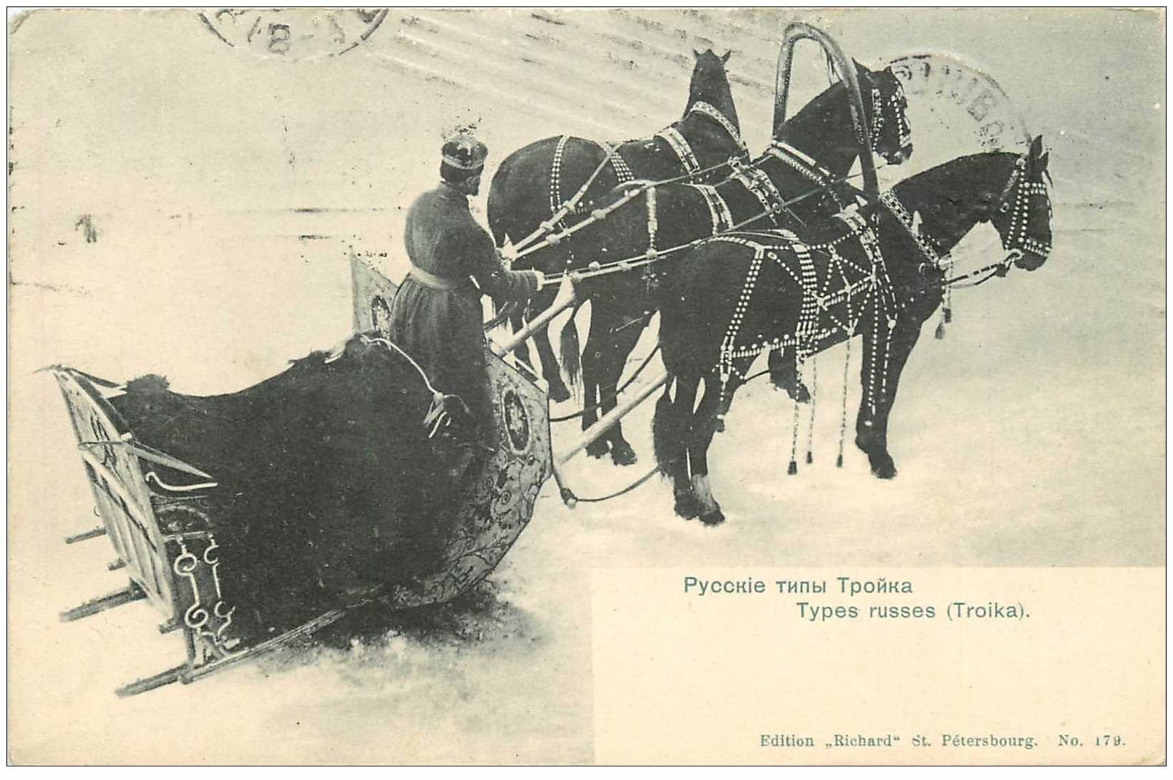 carte postale ancienne RUSSIE. Types et Attelage Russes ou Troika 1910