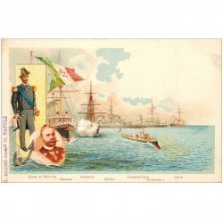 carte postale ancienne Italie litho vers 1900.. Duca di Genova Umberto I°. Navires de Guerre et Militaires