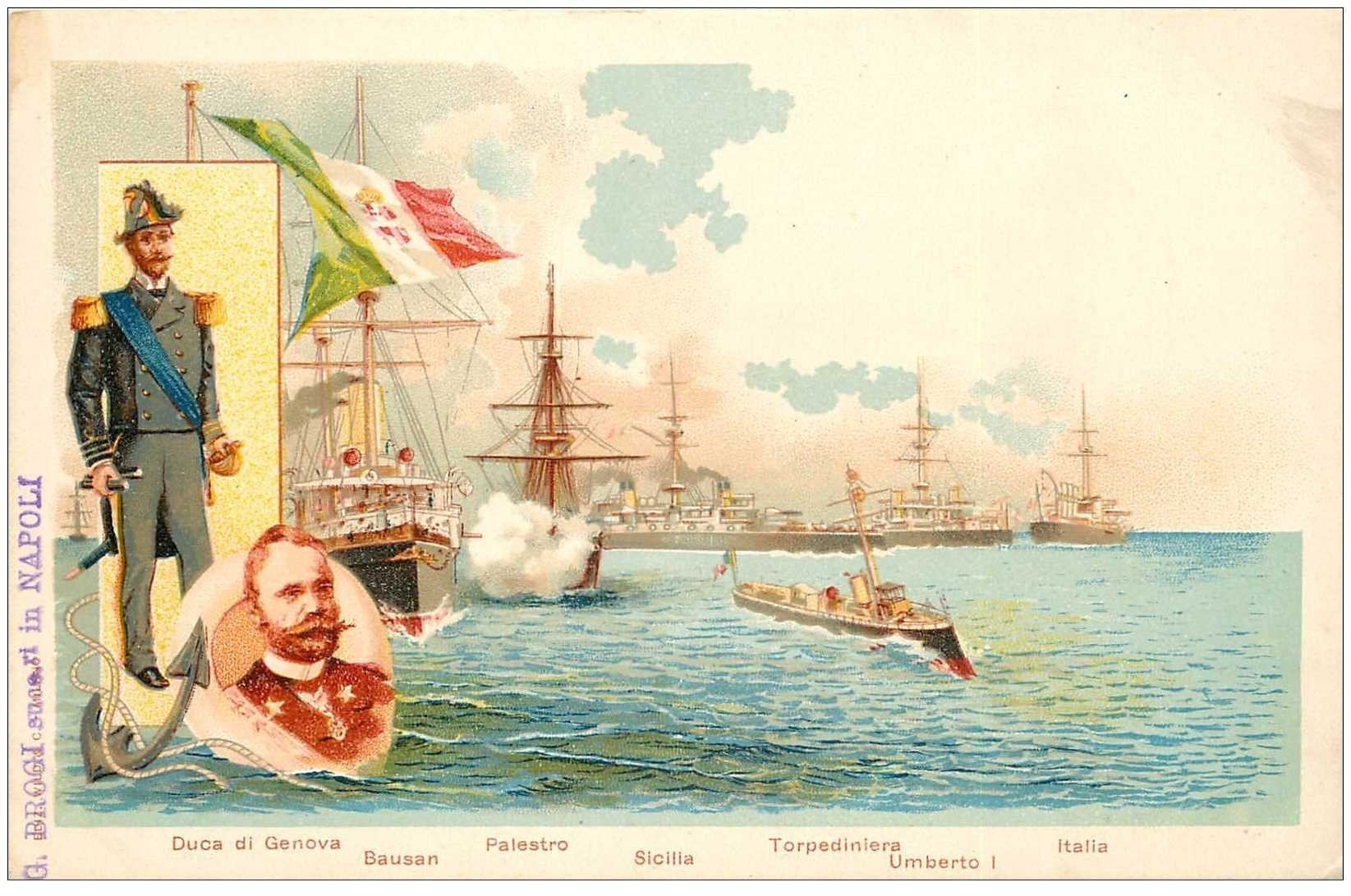 Italie litho vers 1900.. Duca di Genova Umberto I°. Navires de Guerre et Militaires