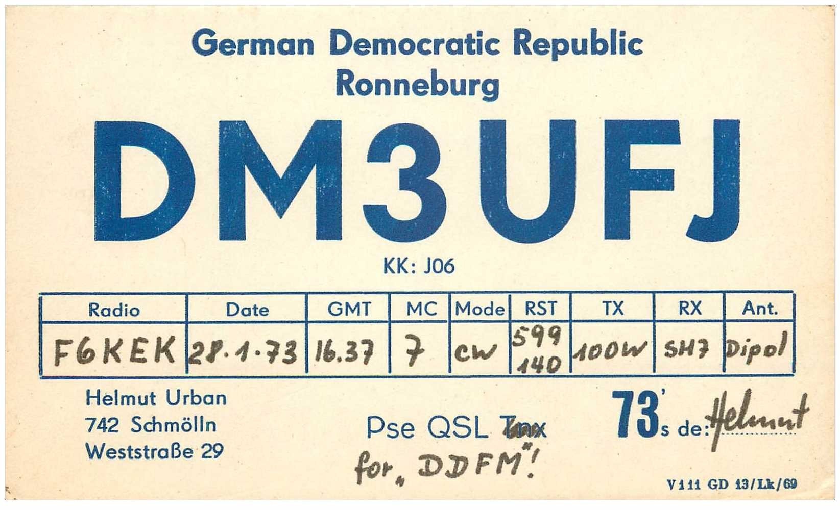 carte postale ancienne CARTE RADIO QSL. Germany Ronneburg 1973