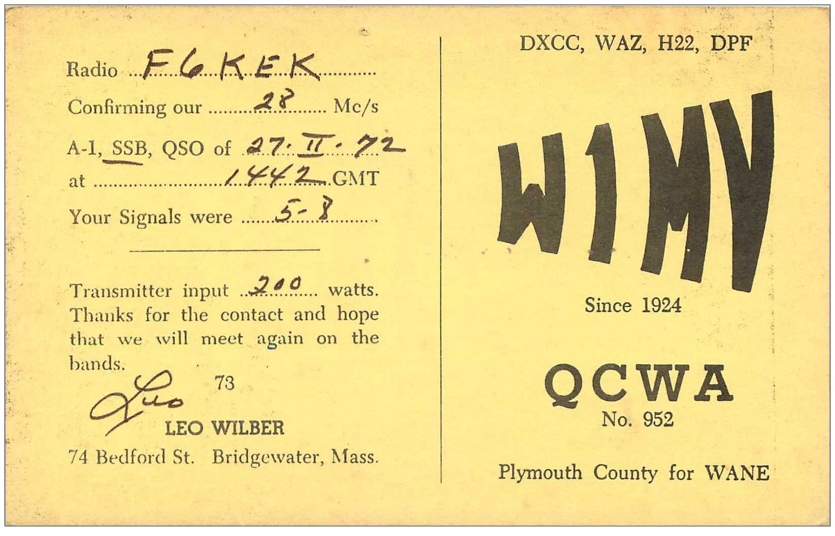 carte postale ancienne CARTE RADIO QSL. Plymouth Country for Wane 1972