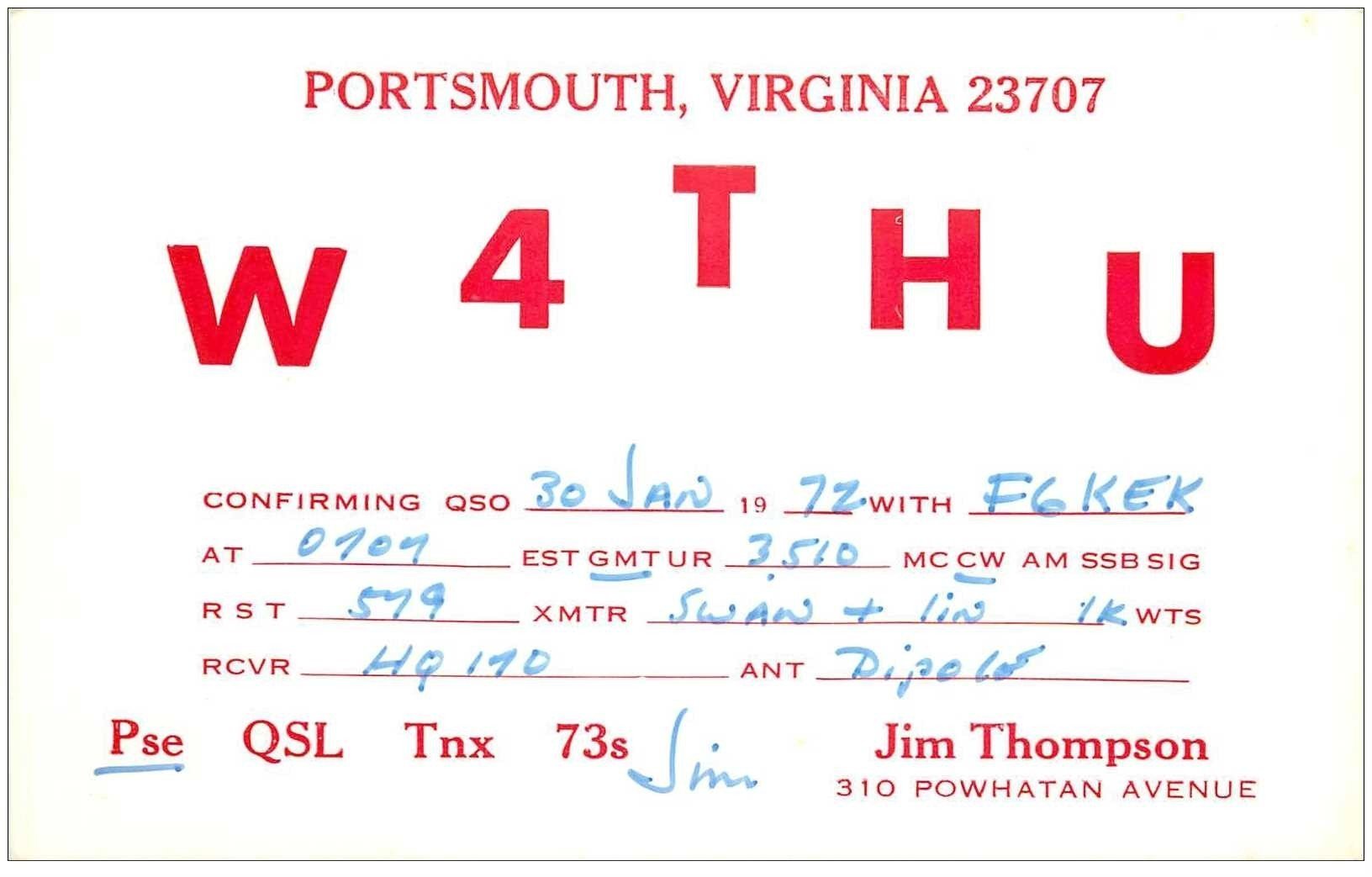 carte postale ancienne CARTE RADIO QSL. Portsmouth 1972