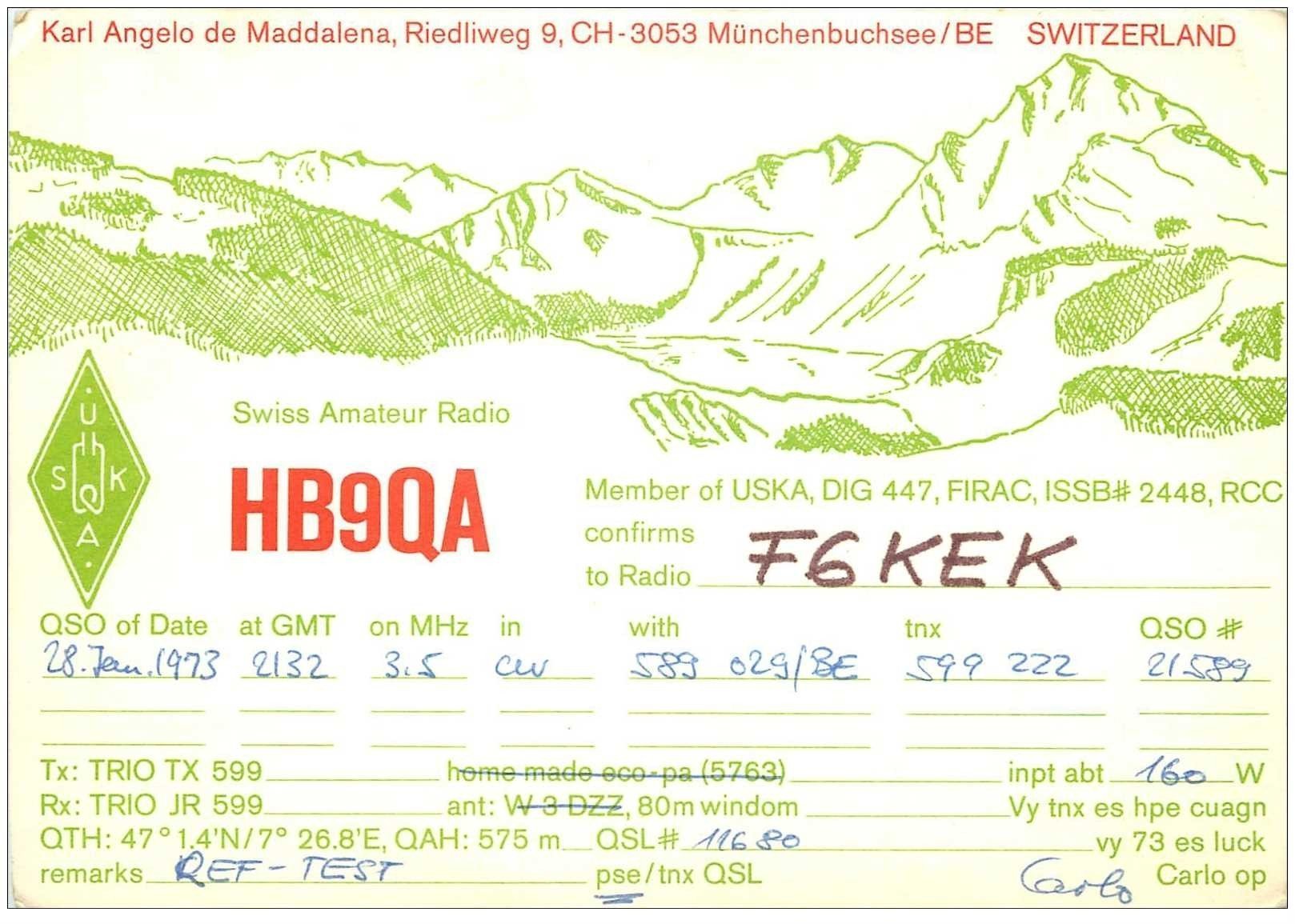 carte postale ancienne CARTE RADIO QSL. Switzerland 1973