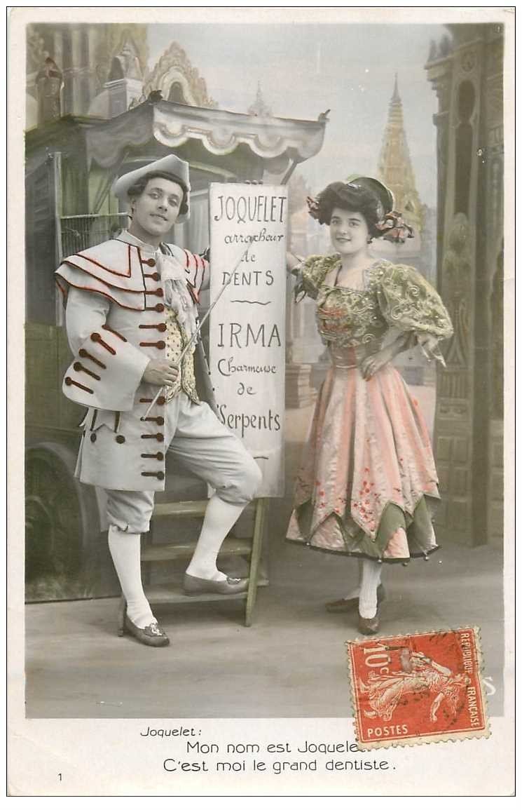 carte postale ancienne COUPLE. Joquelet Dentiste arracheur de dents et Irma charmeuse de Serpents 1907