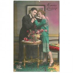 carte postale ancienne Couples d'Amoureux couleurs flashies des années 1931