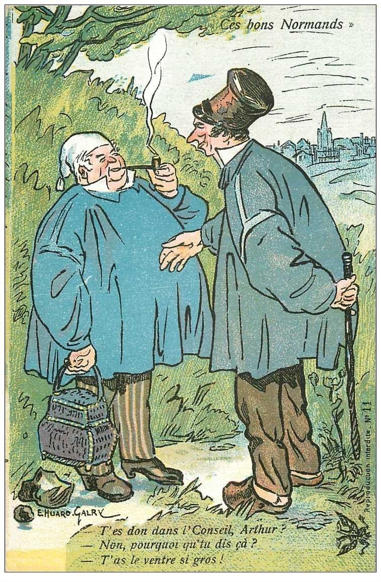 carte postale ancienne GAULOISERIES HUMOUR. Ces bons Normands discussion et fumeur de pipe par Calry