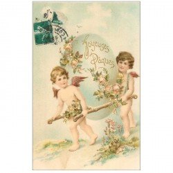 carte postale ancienne FANTAISIE. Angelots Joyeuses Pques carte gaufrée