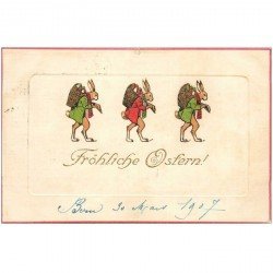 carte postale ancienne LAPINS. Fröhliche Osfern 1907. Carte gaufrée toilée