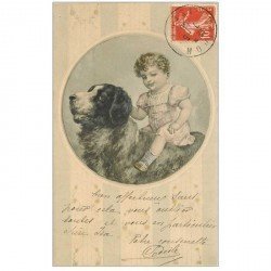 carte postale ancienne LES CHIENS. Bébé sur gros Chien 1908