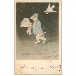 carte postale ancienne LES CHIENS. En costume et Fleurs avec Colombe 1900