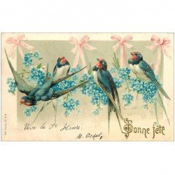 carte postale ancienne OISEAUX. Les Hirondelles Bonne Fête 1905 carte gaufrée