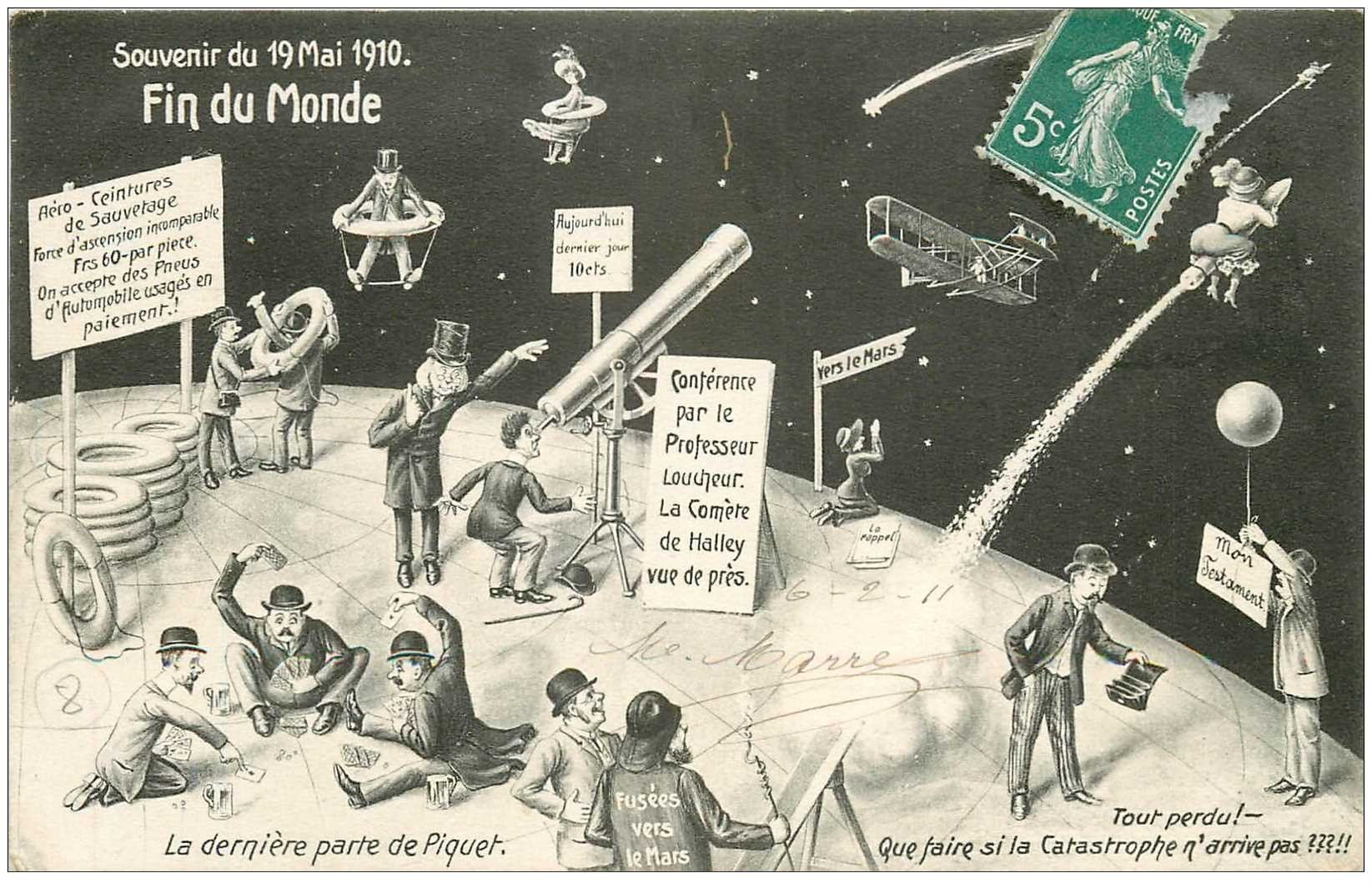 carte postale ancienne ASTRONOMIE. La Fin du Monde en 1910 carte catastrophe ironique et satirique . Comète de Haley