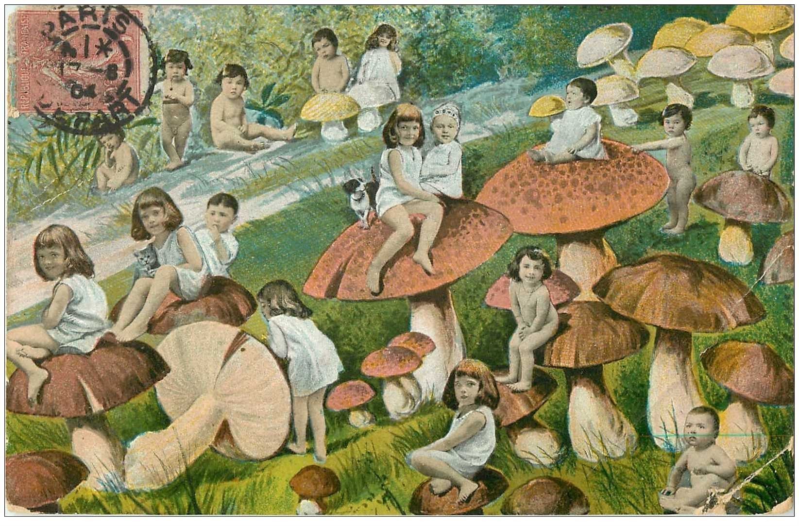 carte postale ancienne ENFANTS. Bébés sur champignons 1904. Grands plis