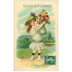 carte postale ancienne ENFANTS. Doux souvenir jeune fille avec vase et fleurs 1908