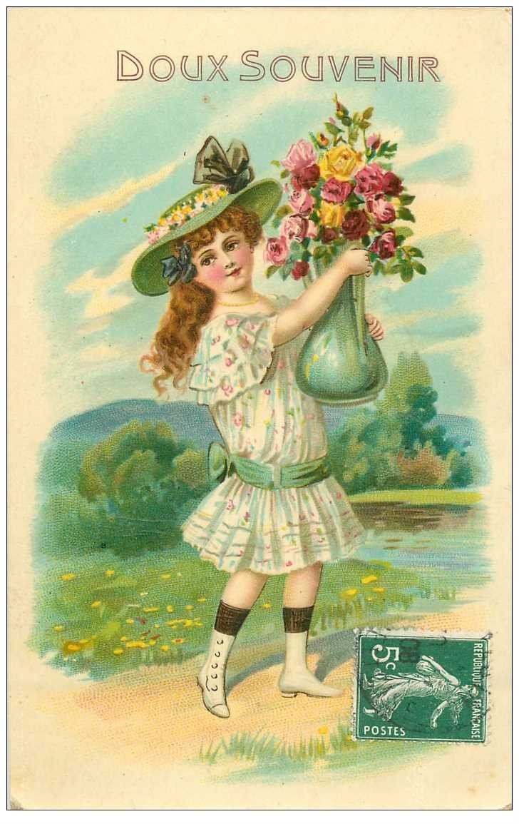 carte postale ancienne ENFANTS. Doux souvenir jeune fille avec vase et fleurs 1908
