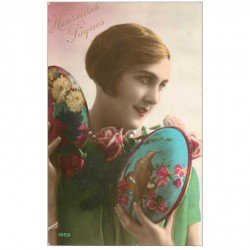 carte postale ancienne FEMMES. Heureuses Pques couleurs vives